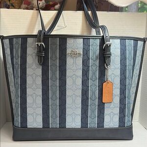 Coach Large Blue Striped Millie Tote Bag